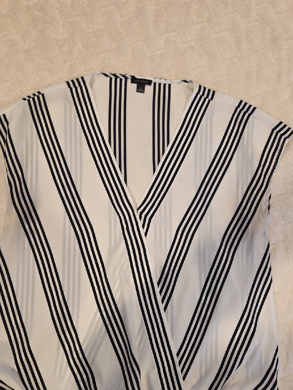 Ann Taylor Striped Faux Wrap Blouse Black White | Flattering V-Neck | Size S